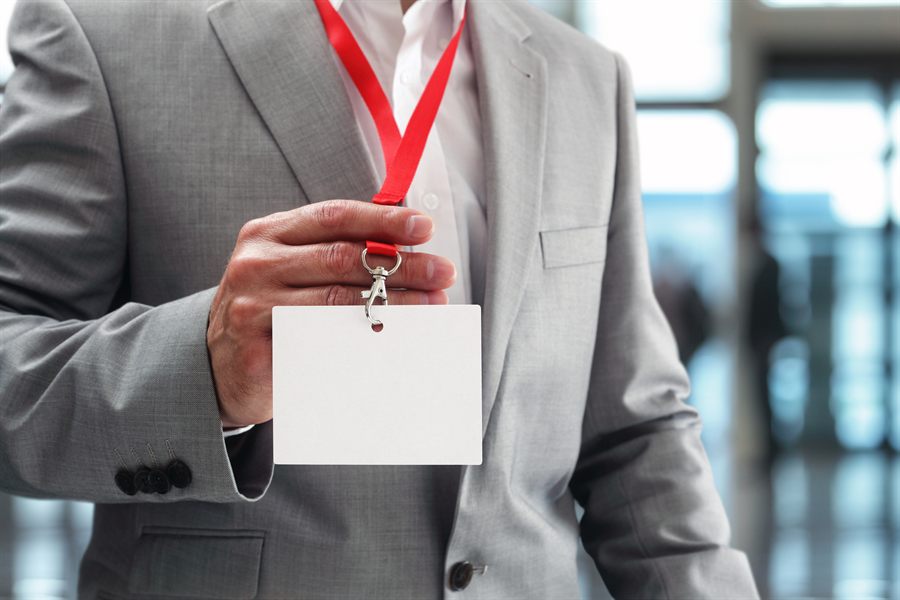 Blank conference badge on a lanyard